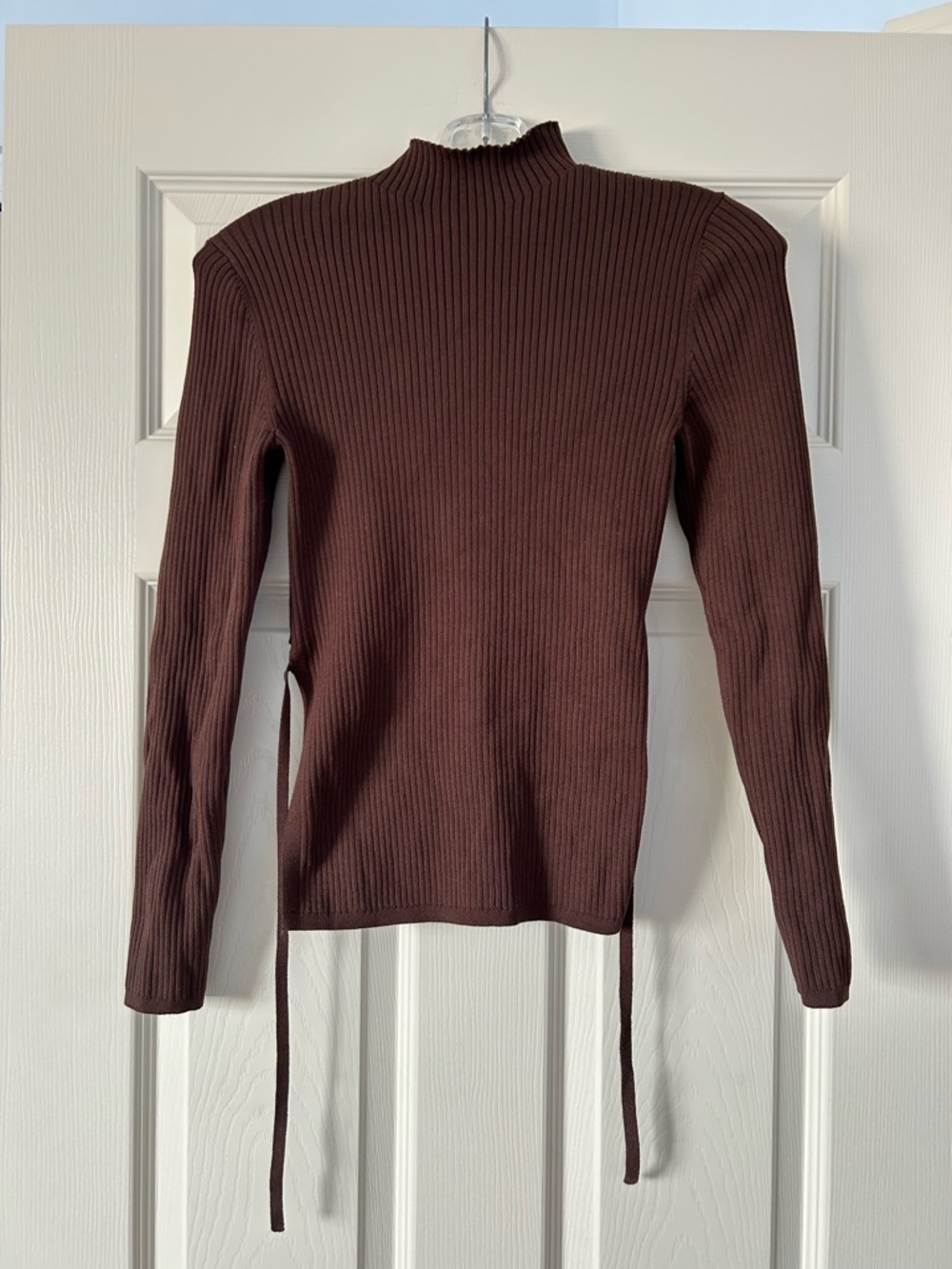 Babaton Brown Ribbed Mock Neck Open Back Sweater
